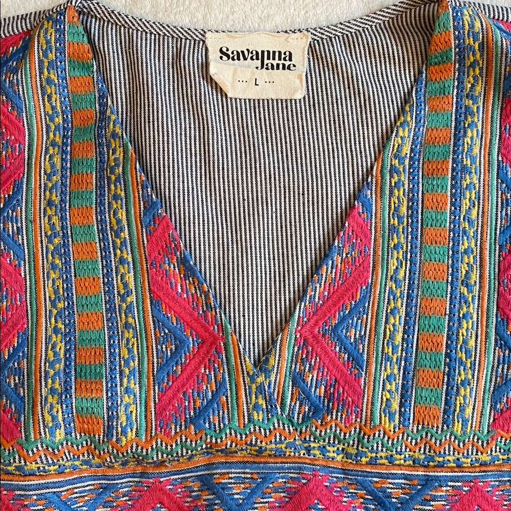 Savannah Jane pinstripe colorful embroidered flutter sleeve v-neck top Sz L - Picture 3 of 9